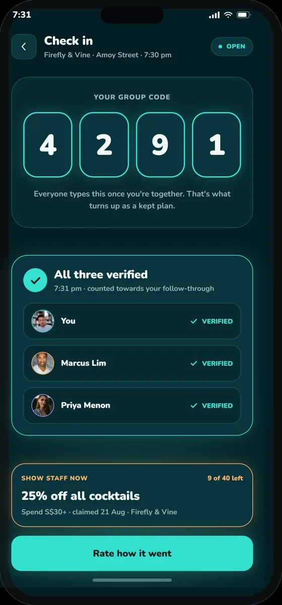 The Woohoo app check-in screen with the verification code and a verified tick