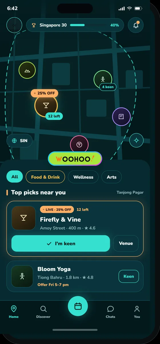 The Woohoo app home screen showing a map of nearby venues and category filters