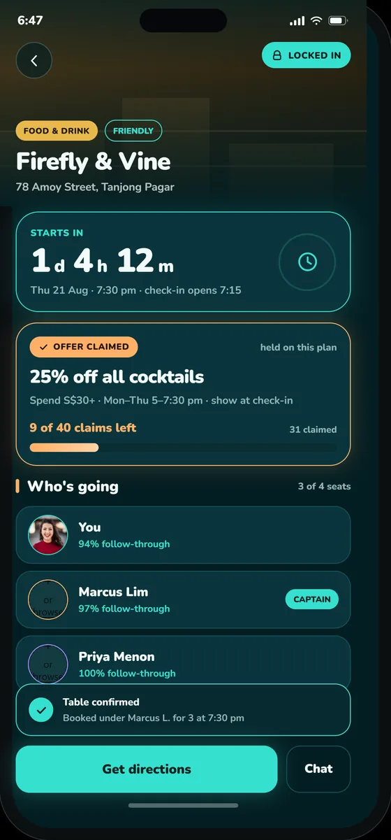 The Woohoo app showing a locked plan with a countdown to the meetup