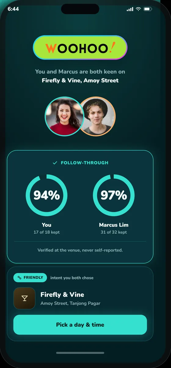 The Woohoo app showing a match with each person's Follow-Through Rate and the plan intent